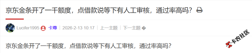 京东金条开了一千额度，点借款说等下有人工审核，...66 / 作者:卡农土豆 / 来源: